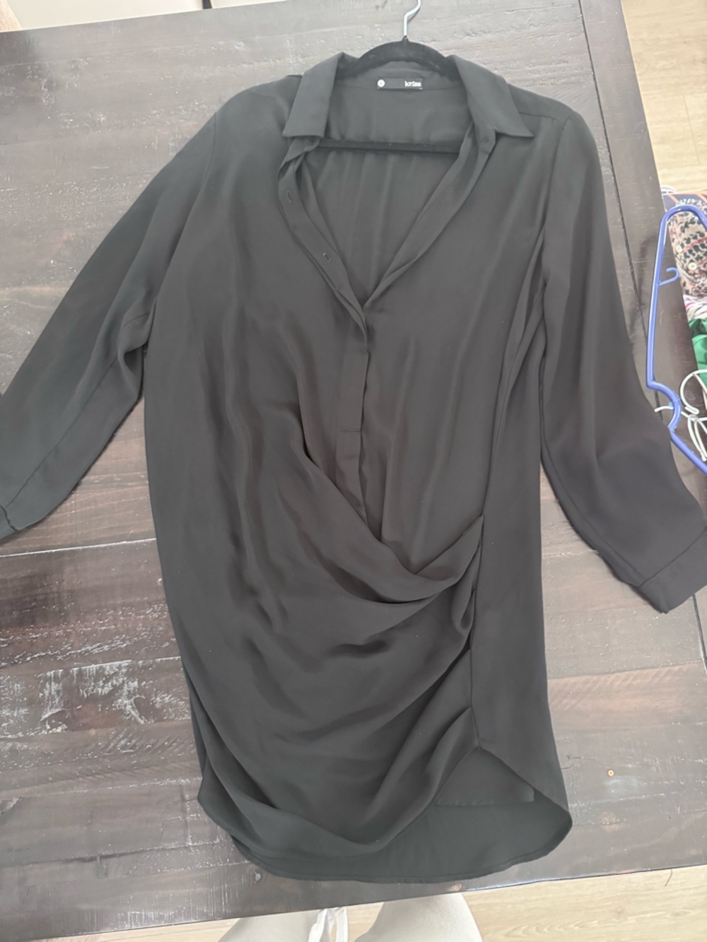 Black Draped Shirt Dress - 3/4 Sleeve